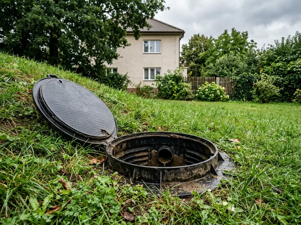 Nyitott kerti tisztítóakna a gyepen, mögötte lombos fák és egy egyszerű családi ház fala.